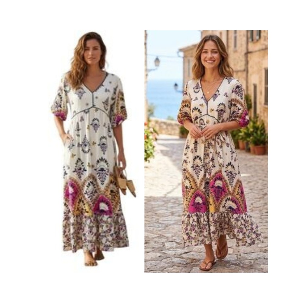 Fig Flower Bohemian Midi Linen Dress Sz M Relaxed Ivory Floral V-neck Puff Sleev